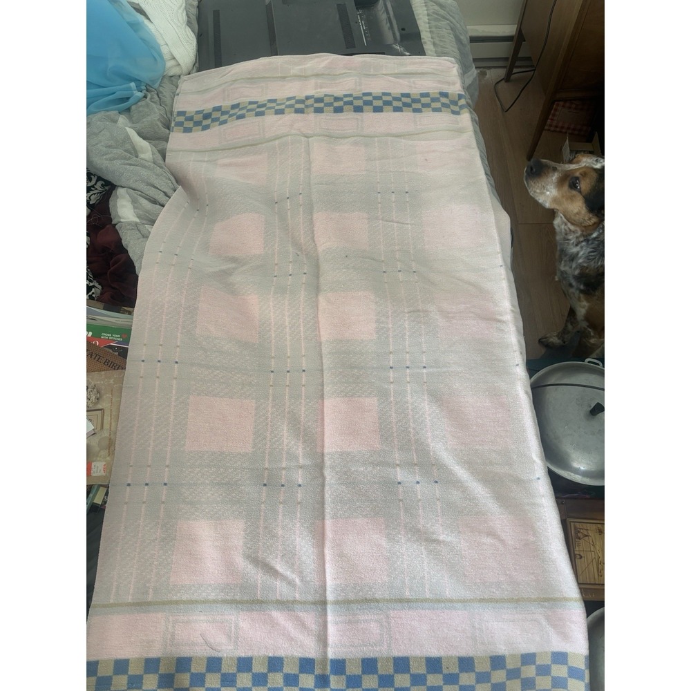 Wool Blanket 66"x66" Pink Blue Yellow Cottage-core Farmhouse Vintage